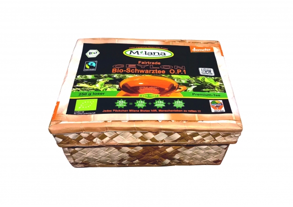 250 g MILANA Ceylon Fairtrade Demeter BIO-SCHWARZTEE LOSE OP1 Orange Pekoe 1 schwarzer Premium-Tee in HANDGEFLOCHTENEM TEEKÖRBCHEN, 55 Prozent des Verkaufspreises ist SOZIALE HILFSLEISTUNG - Der Tee, ... der nach Liebe schmeckt. Fair und nachhaltig herges